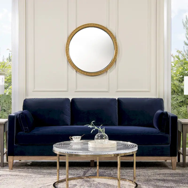 Nowoczesna sofa w stylu farmhouse Knox 84 z aksamitnym obiciem i podłokietnikami typu track
