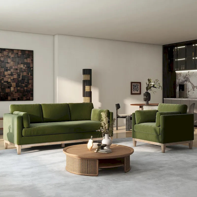 Canapé Knox 84 moderne de style ferme, avec accoudoirs droits et revêtement en velours