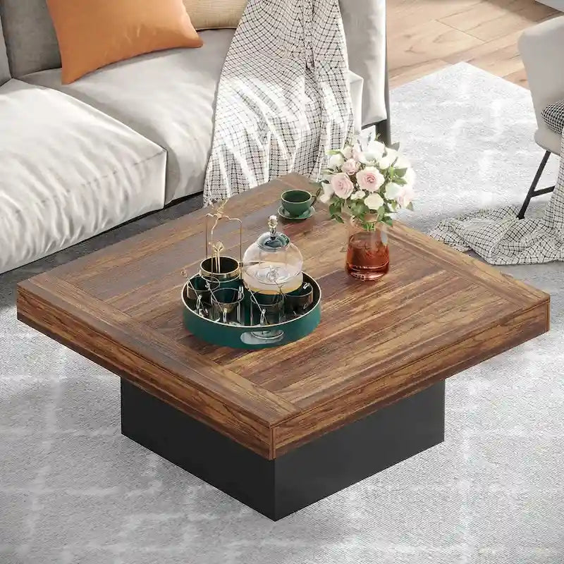 Vierkante LED-salontafel in boerderijstijl van samengesteld hout voor de woonkamer