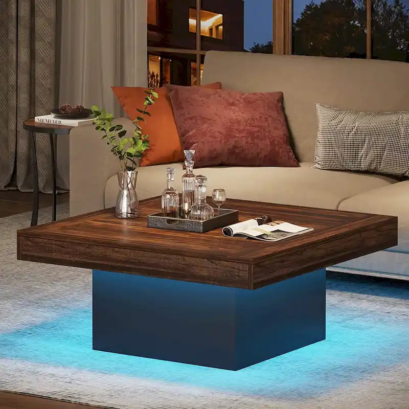 Vierkante LED-salontafel in boerderijstijl van samengesteld hout voor de woonkamer