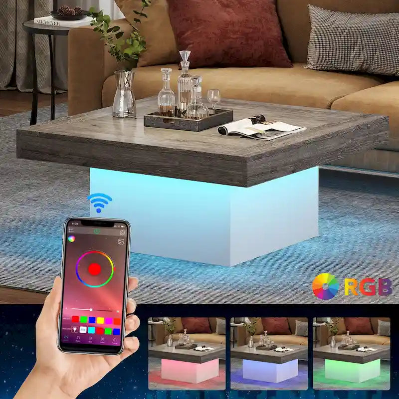 Vierkante LED-salontafel in boerderijstijl van samengesteld hout voor de woonkamer