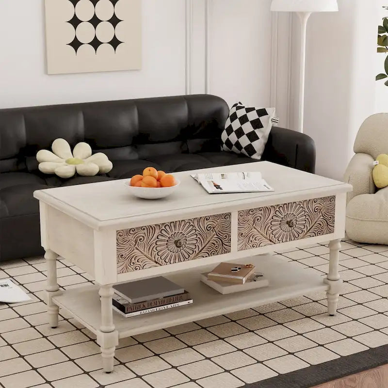 COSIEST vintage console tafel van massief hout met 2 laden - 31.5W x 12L x 30H