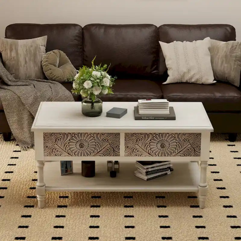 COSIEST vintage console tafel van massief hout met 2 laden - 31.5W x 12L x 30H