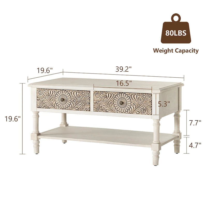 COSIEST vintage console tafel van massief hout met 2 laden - 31.5W x 12L x 30H