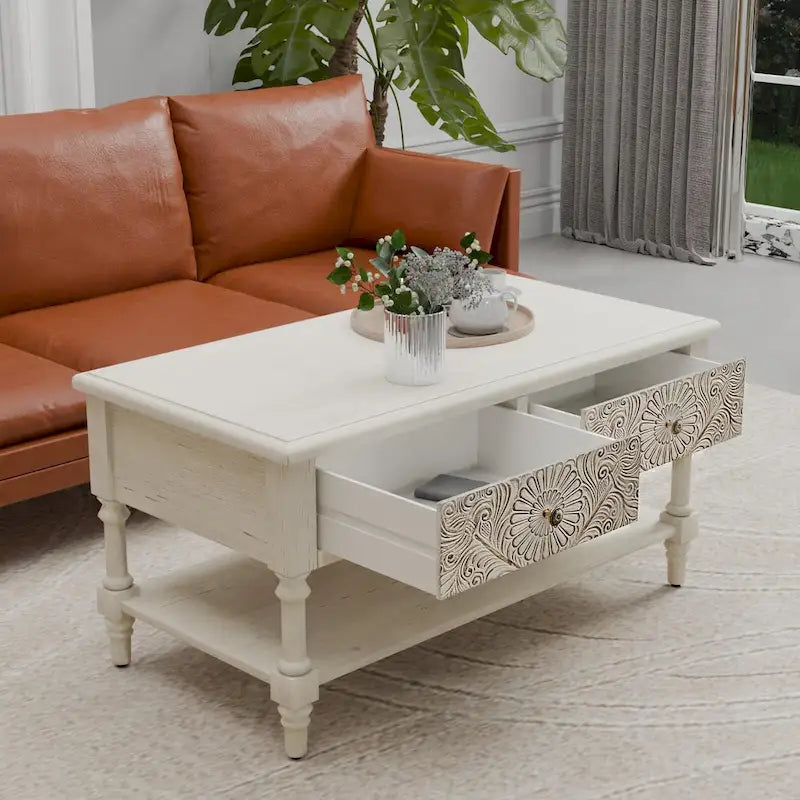 COSIEST vintage console tafel van massief hout met 2 laden - 31.5W x 12L x 30H