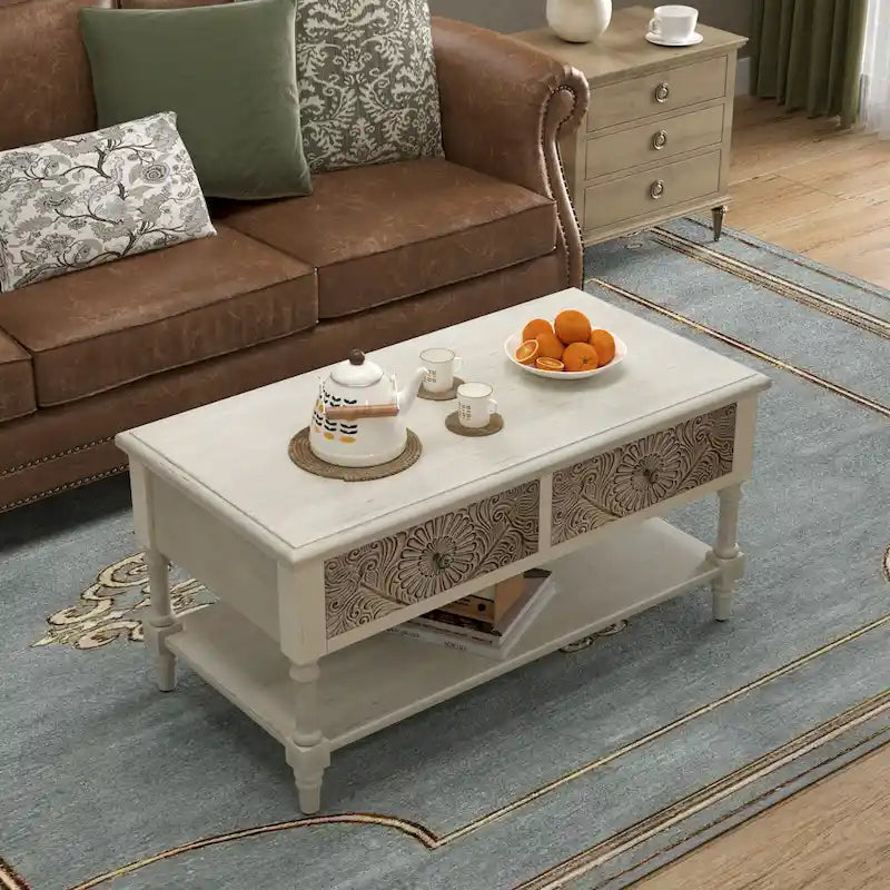 COSIEST vintage console tafel van massief hout met 2 laden - 31.5W x 12L x 30H