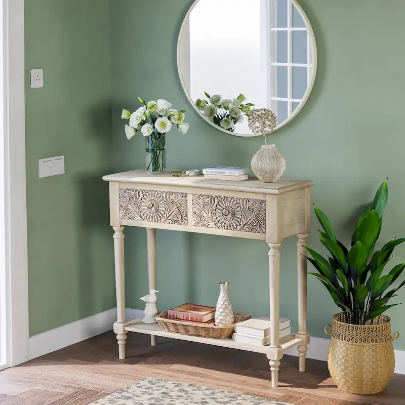COSIEST vintage console tafel van massief hout met 2 laden - 31.5W x 12L x 30H