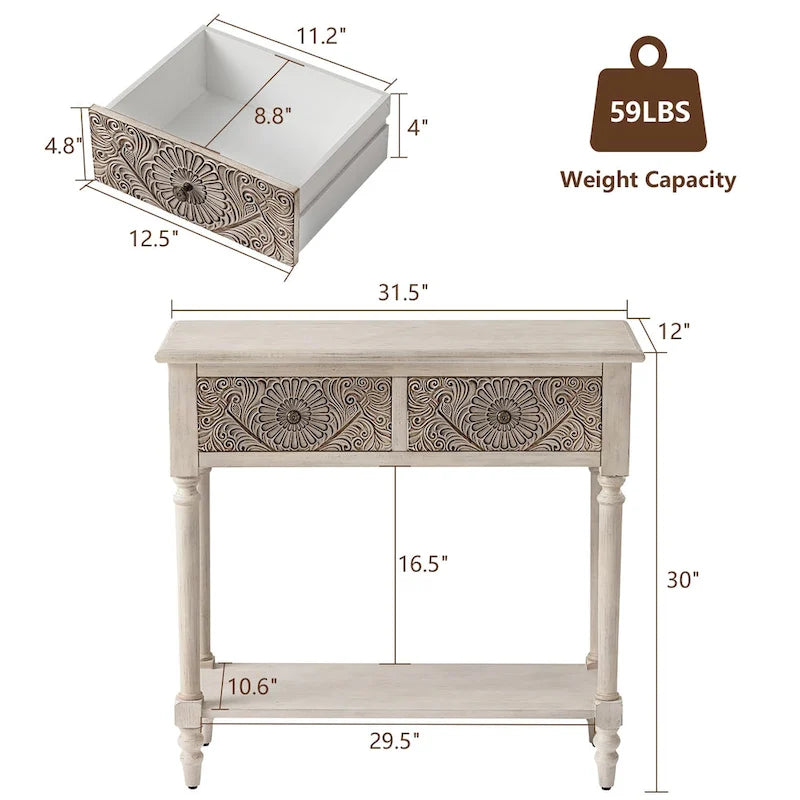 COSIEST vintage console tafel van massief hout met 2 laden - 31.5W x 12L x 30H