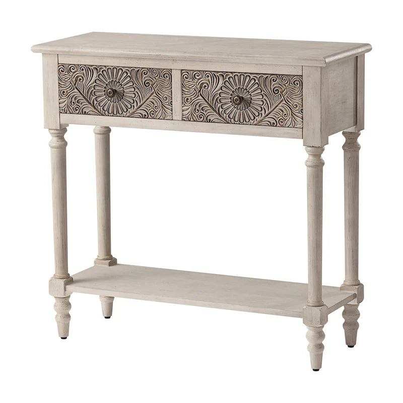 COSIEST vintage console tafel van massief hout met 2 laden - 31.5W x 12L x 30H