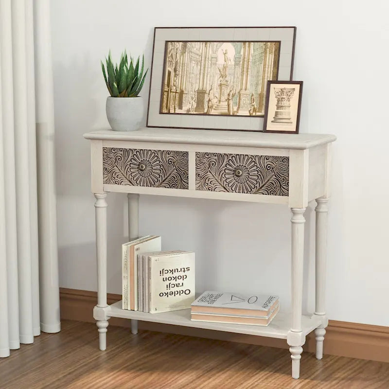 COSIEST vintage console tafel van massief hout met 2 laden - 31.5W x 12L x 30H