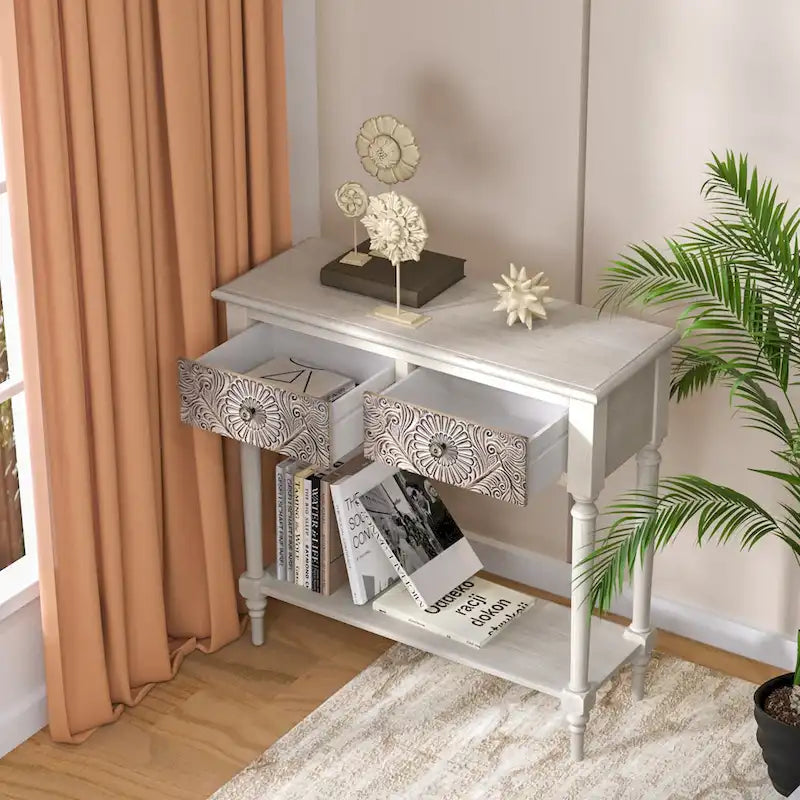 COSIEST vintage console tafel van massief hout met 2 laden - 31.5W x 12L x 30H