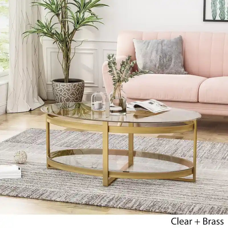 Table basse ovale moderne glamour en verre trempé avec cadre en fer Plumeria de Christopher Knight Home