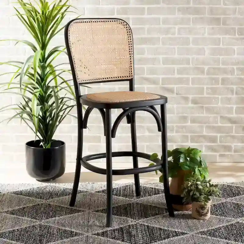 Vance Mid-Century Modern Woven Rattan and Wood Counter Stool