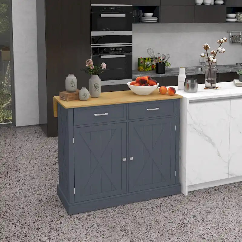HOMCOM Açılır Yapraklı Ahşap Kahvaltı Barı ve Tekerlekli Mutfak Adası, 2 Çekmeceli Çiftlik Evi Tarzı Mutfak Arabası, Koyu Gri