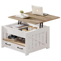 Table basse carrée de style maison de campagne Moasis avec plateau relevable, étagère de rangement et 2 tiroirs