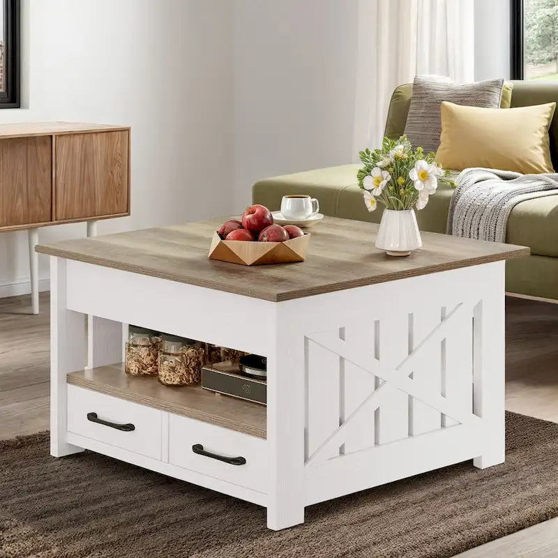 Table basse carrée de style maison de campagne Moasis avec plateau relevable, étagère de rangement et 2 tiroirs