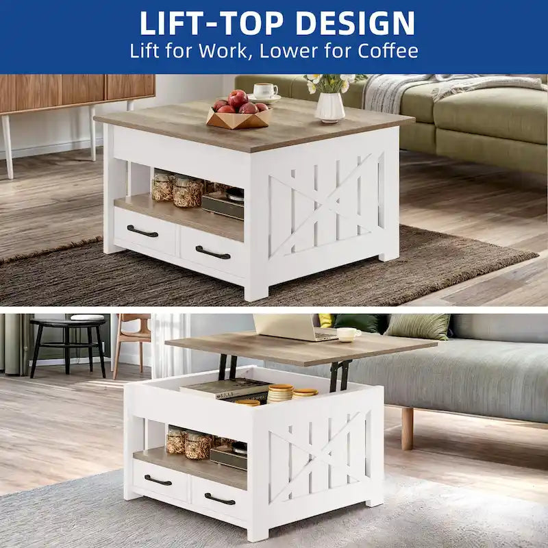 Table basse carrée de style maison de campagne Moasis avec plateau relevable, étagère de rangement et 2 tiroirs