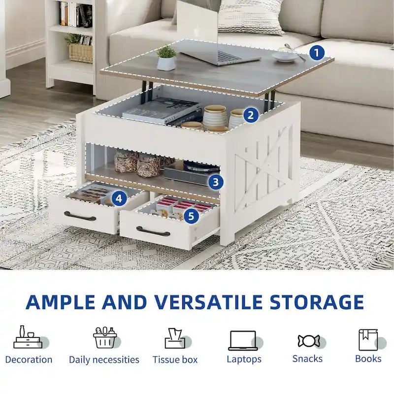 Table basse carrée de style maison de campagne Moasis avec plateau relevable, étagère de rangement et 2 tiroirs