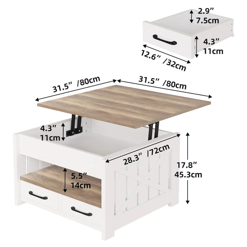 Table basse carrée de style maison de campagne Moasis avec plateau relevable, étagère de rangement et 2 tiroirs