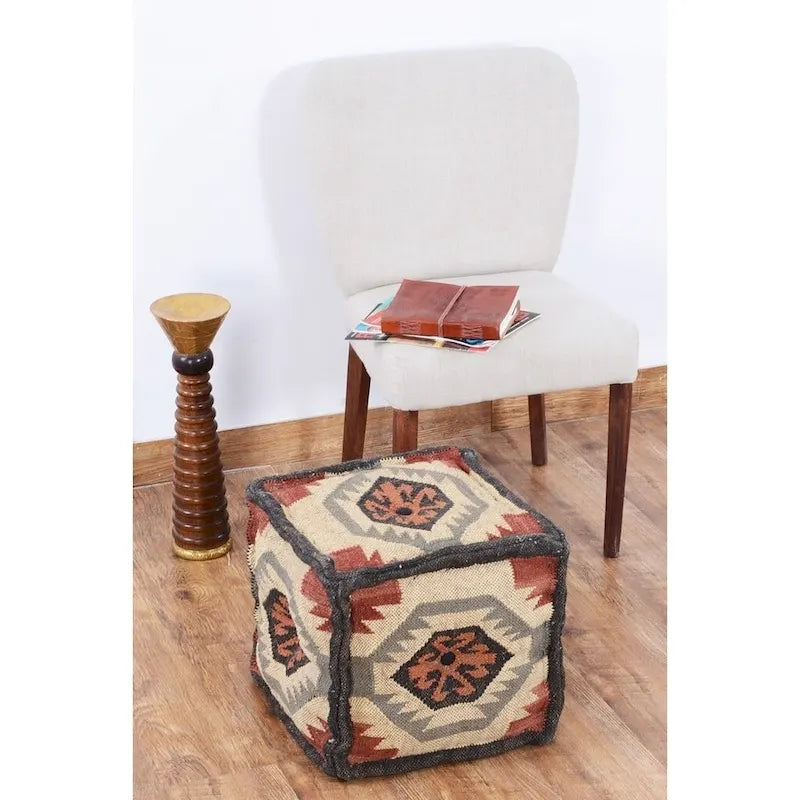 Ręcznie wykonana pufa HERAT ORIENTAL z wełny indyjskiej i juty – 16 x 16 x 16