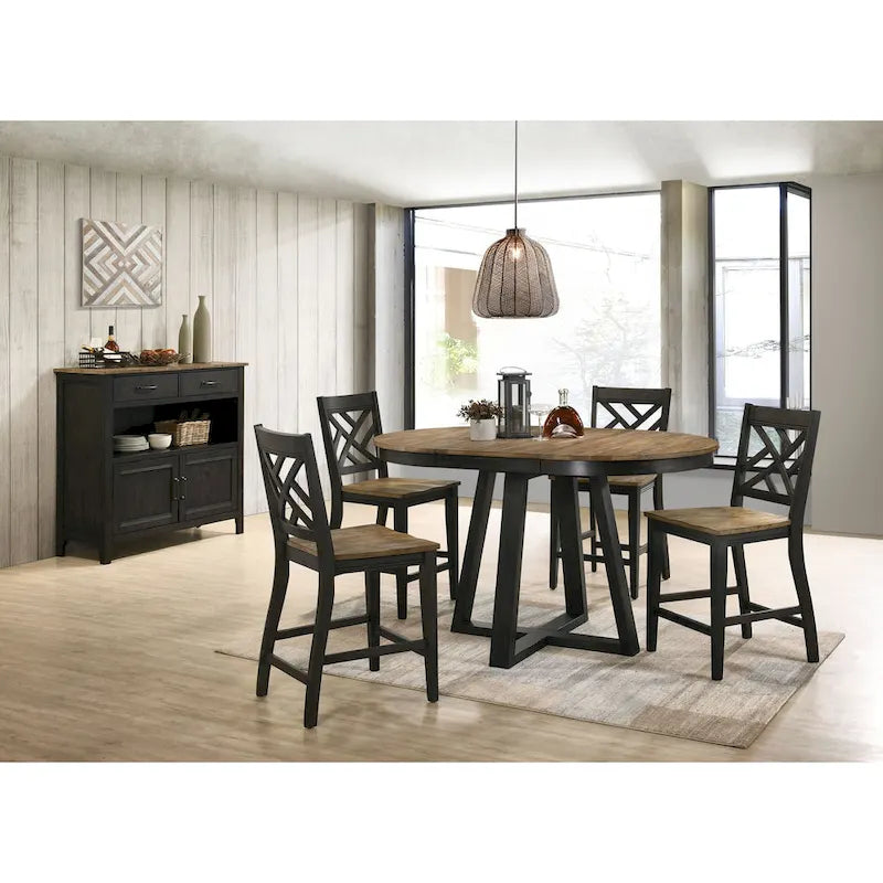 Tavolo rotondo alto da bancone Harper con base in stile cavalletto, marrone spazzolato e color noce pecan