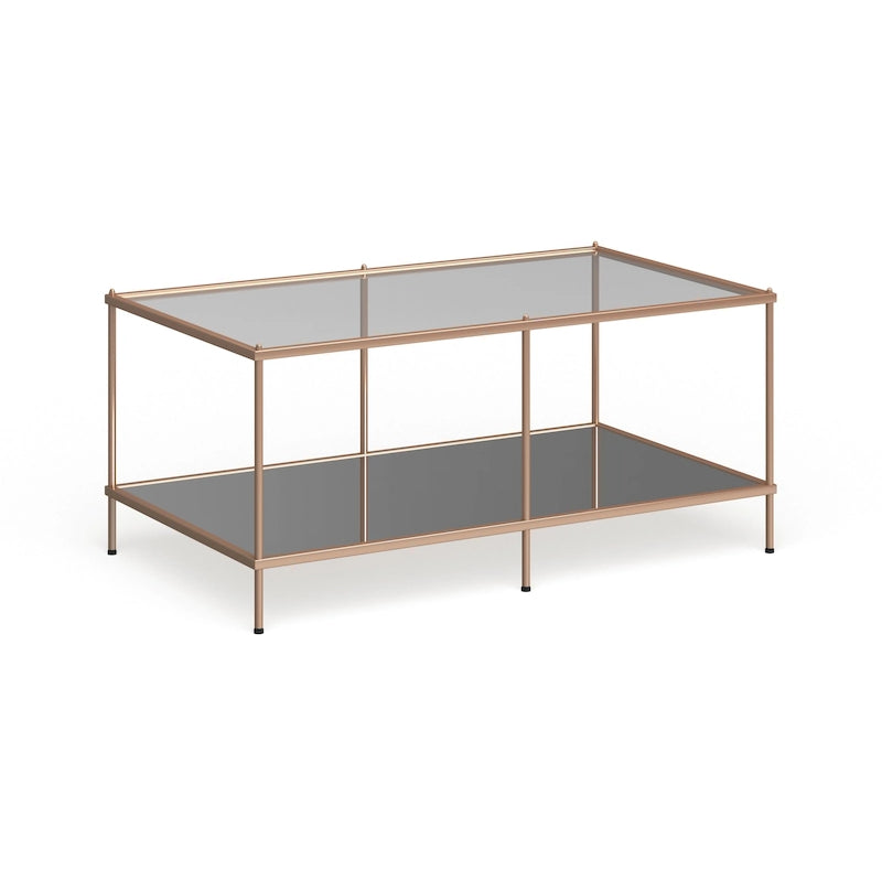 Rechthoekige salontafel van SEI Furniture Grant met goudkleurige afwerking, glazen bovenblad en onderste legplank