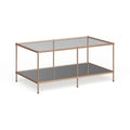 Rechthoekige salontafel van SEI Furniture Grant met goudkleurige afwerking, glazen bovenblad en onderste legplank