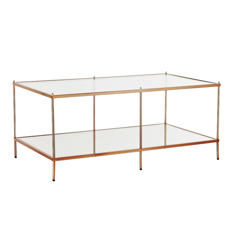 Rechthoekige salontafel van SEI Furniture Grant met goudkleurige afwerking, glazen bovenblad en onderste legplank