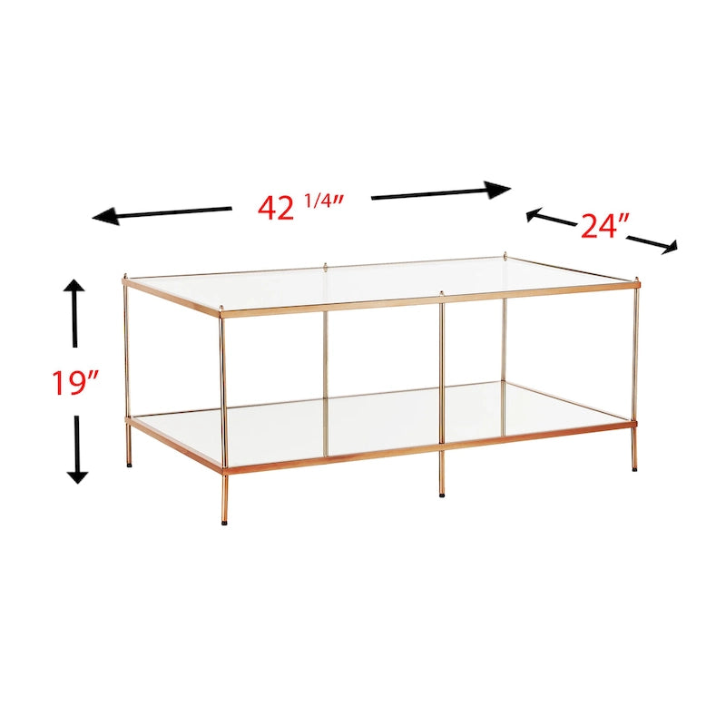 Rechthoekige salontafel van SEI Furniture Grant met goudkleurige afwerking, glazen bovenblad en onderste legplank