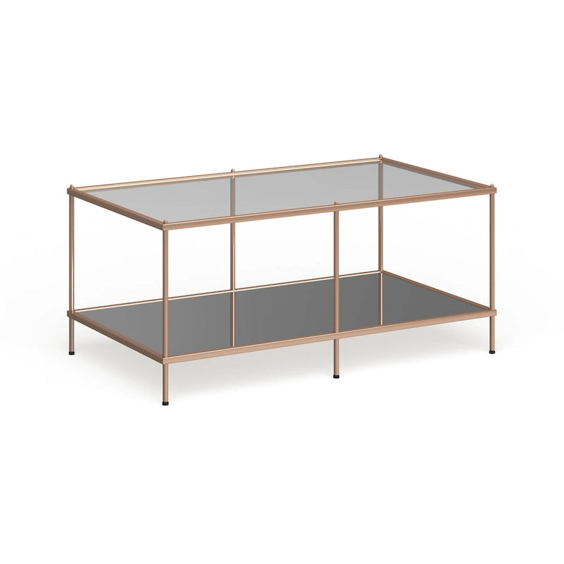 Rechthoekige salontafel van SEI Furniture Grant met goudkleurige afwerking, glazen bovenblad en onderste legplank