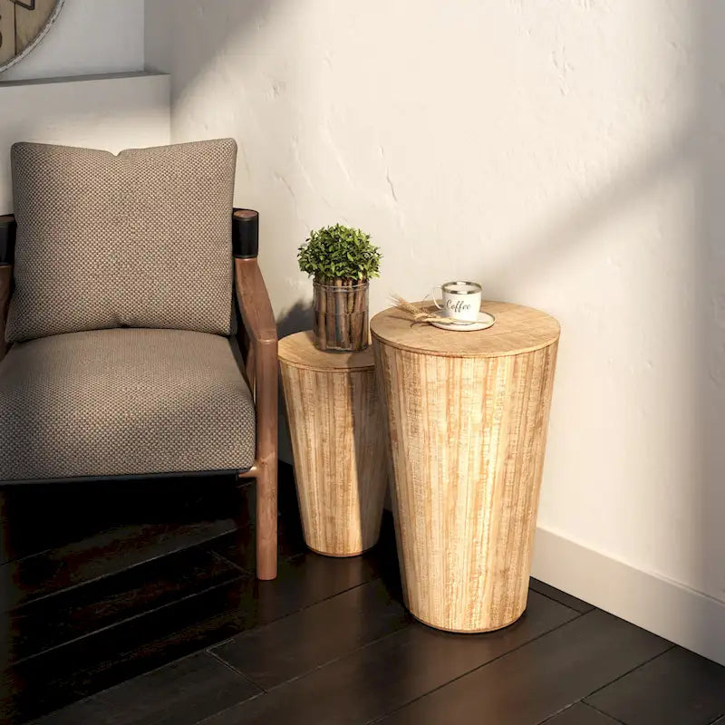 Ensemble de tables d’appoint gigognes en forme de tonneau COZAYH Farmhouse, tables de rangement rustiques gain de place, finition naturelle vieillie