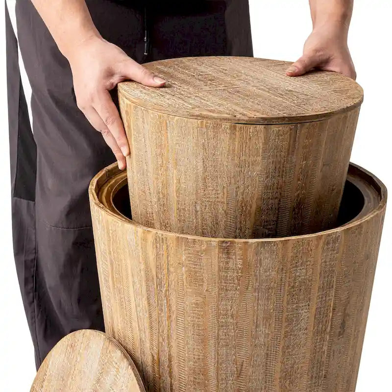 Ensemble de tables d’appoint gigognes en forme de tonneau COZAYH Farmhouse, tables de rangement rustiques gain de place, finition naturelle vieillie