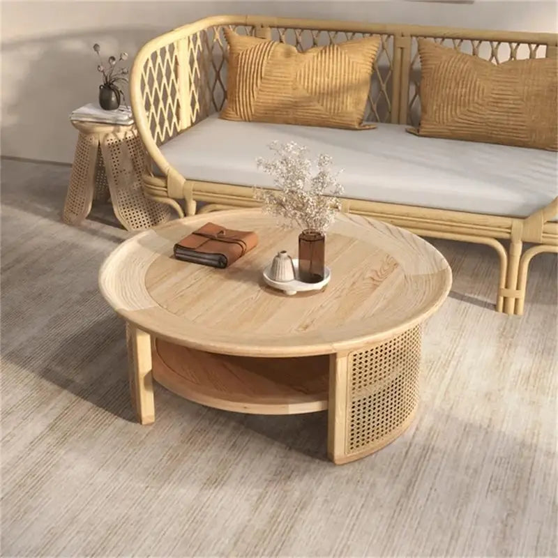 Mesa de centro redonda de madera de 2 niveles JASIWAY con base de ratán