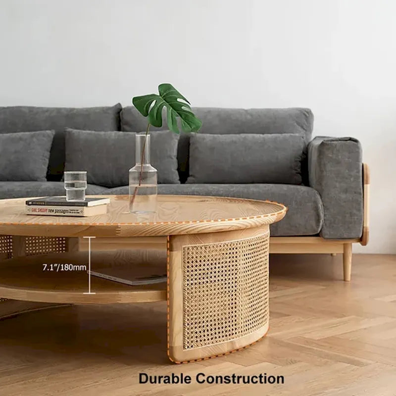 Mesa de centro redonda de madera de 2 niveles JASIWAY con base de ratán