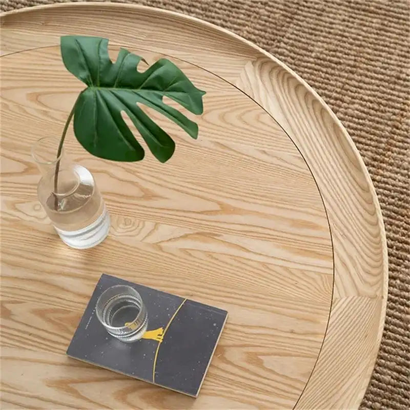 Mesa de centro redonda de madera de 2 niveles JASIWAY con base de ratán
