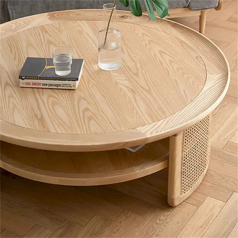 Mesa de centro redonda de madera de 2 niveles JASIWAY con base de ratán