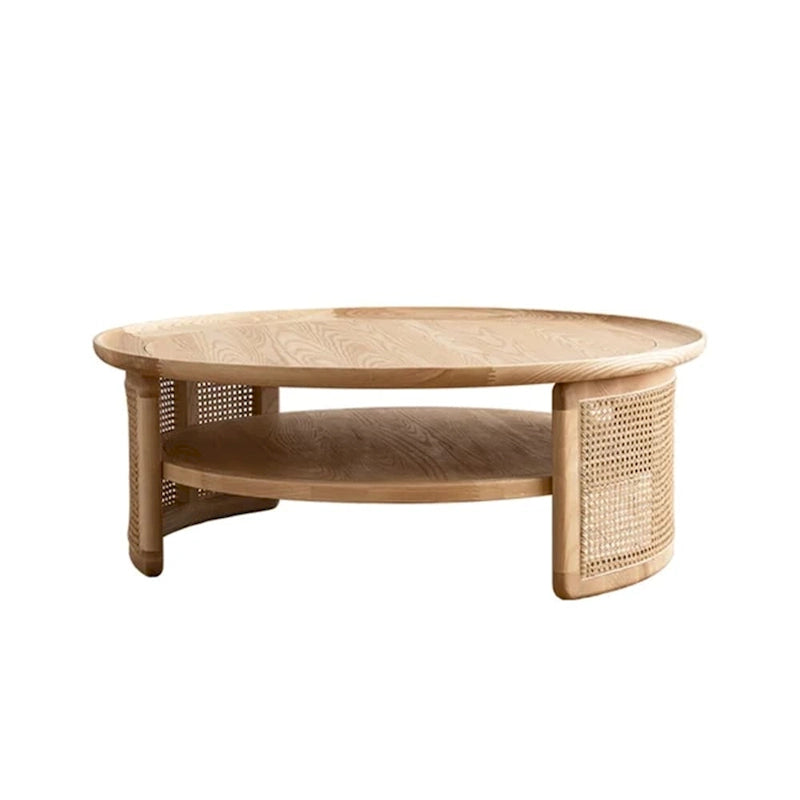Mesa de centro redonda de madera de 2 niveles JASIWAY con base de ratán