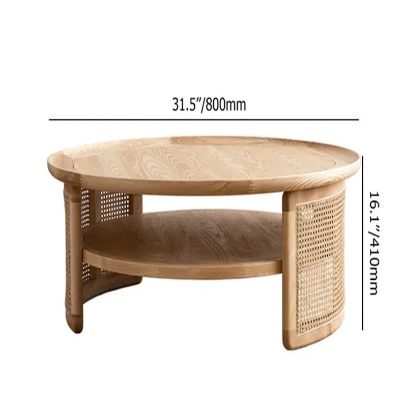Mesa de centro redonda de madera de 2 niveles JASIWAY con base de ratán