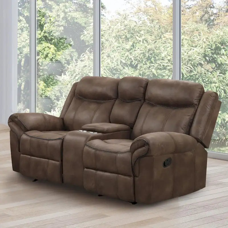 Divanetto reclinabile a due posti Verne marrone in microsuede, con dondolo manuale e consolle centrale contenitore