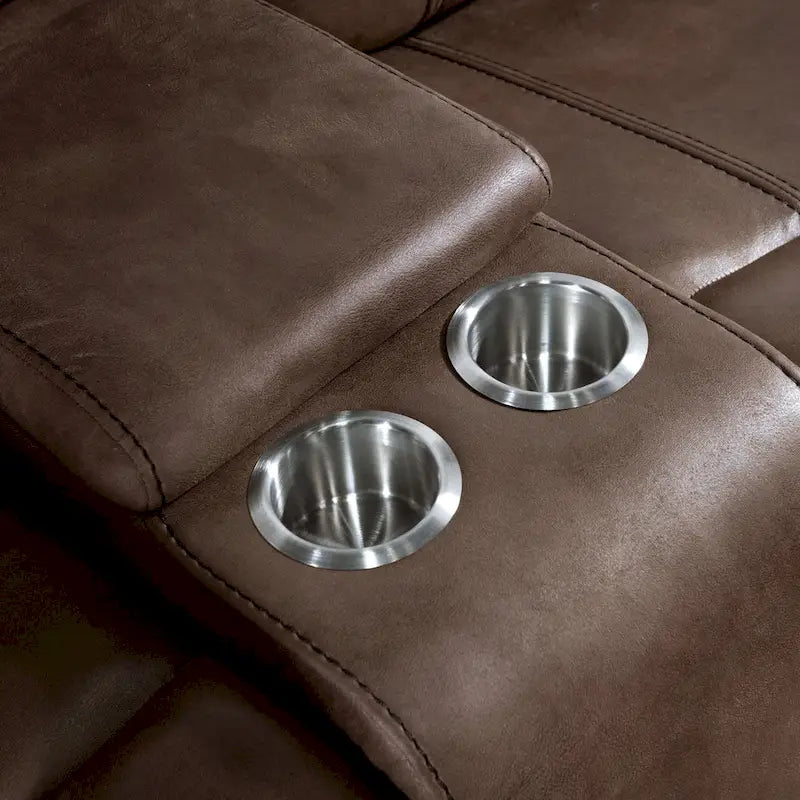 Divanetto reclinabile a due posti Verne marrone in microsuede, con dondolo manuale e consolle centrale contenitore