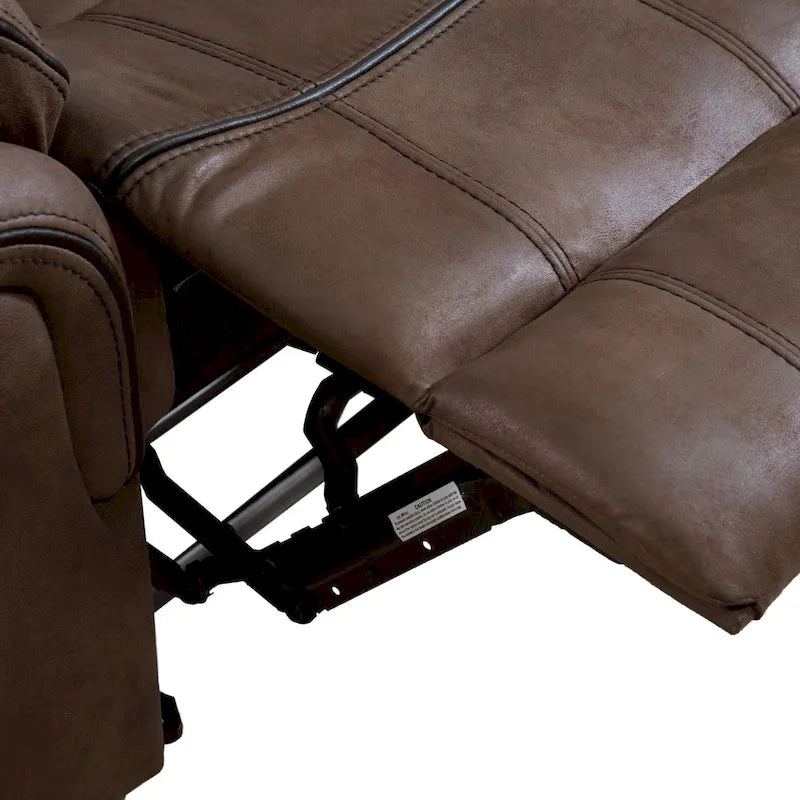 Divanetto reclinabile a due posti Verne marrone in microsuede, con dondolo manuale e consolle centrale contenitore