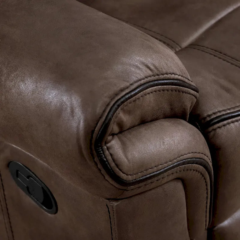 Divanetto reclinabile a due posti Verne marrone in microsuede, con dondolo manuale e consolle centrale contenitore