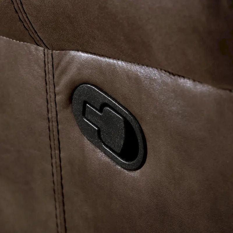 Divanetto reclinabile a due posti Verne marrone in microsuede, con dondolo manuale e consolle centrale contenitore