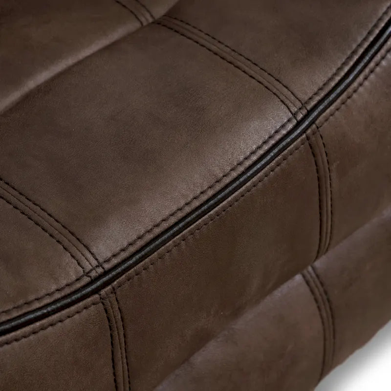 Divanetto reclinabile a due posti Verne marrone in microsuede, con dondolo manuale e consolle centrale contenitore