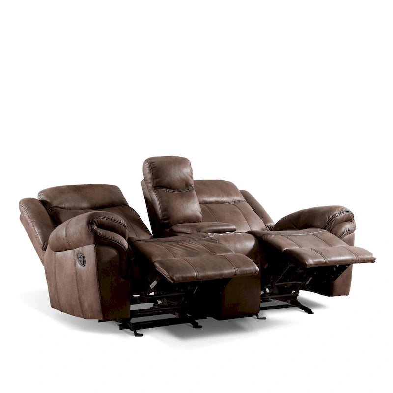 Divanetto reclinabile a due posti Verne marrone in microsuede, con dondolo manuale e consolle centrale contenitore