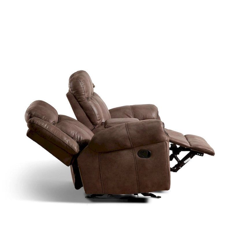 Divanetto reclinabile a due posti Verne marrone in microsuede, con dondolo manuale e consolle centrale contenitore