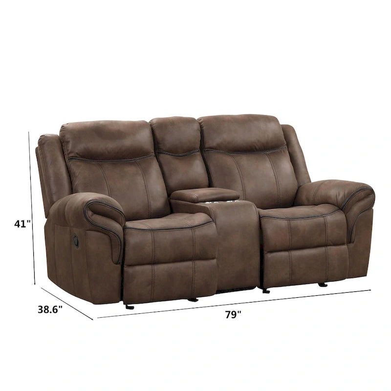 Divanetto reclinabile a due posti Verne marrone in microsuede, con dondolo manuale e consolle centrale contenitore
