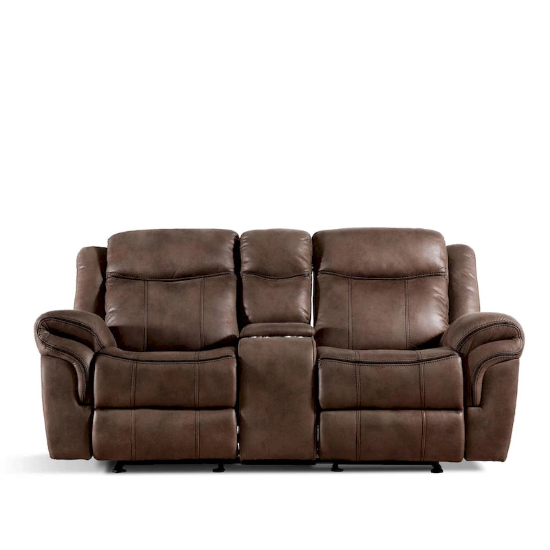 Divanetto reclinabile a due posti Verne marrone in microsuede, con dondolo manuale e consolle centrale contenitore