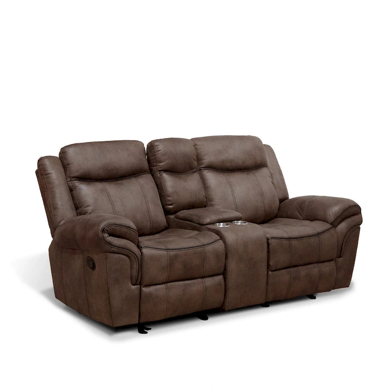 Divanetto reclinabile a due posti Verne marrone in microsuede, con dondolo manuale e consolle centrale contenitore