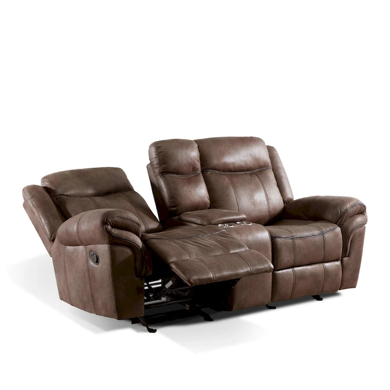 Divanetto reclinabile a due posti Verne marrone in microsuede, con dondolo manuale e consolle centrale contenitore